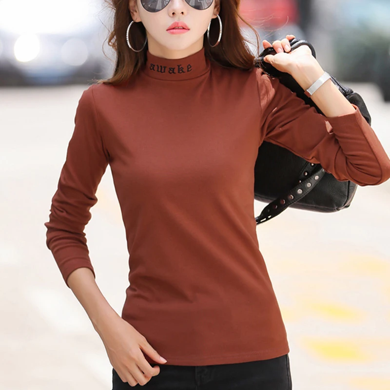 

Korean Fashion Tops Female 2023 Autumn Winter Womens Clothes Long Sleeve T Shirt For Women Half High Neck Cotton Tshirts Mujer