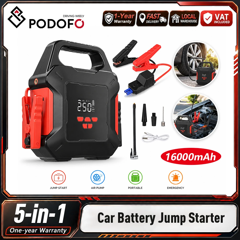 Arrancador de Coches Multifuncional Podofo con Bomba de Aire, Inflador de Neumáticos, Potenciador de Batería Portátil para Coche, 150 PSI, Pantalla LED, Banco de Energía de Emergencia con Pinza de