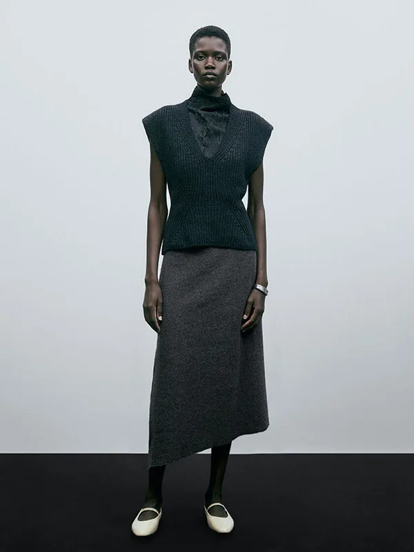 Cosmd Autumn Winter New Arrival Women's Midi Skirt Pure Color Asymmetrical High Waist Commute Vintage f-length Skirts