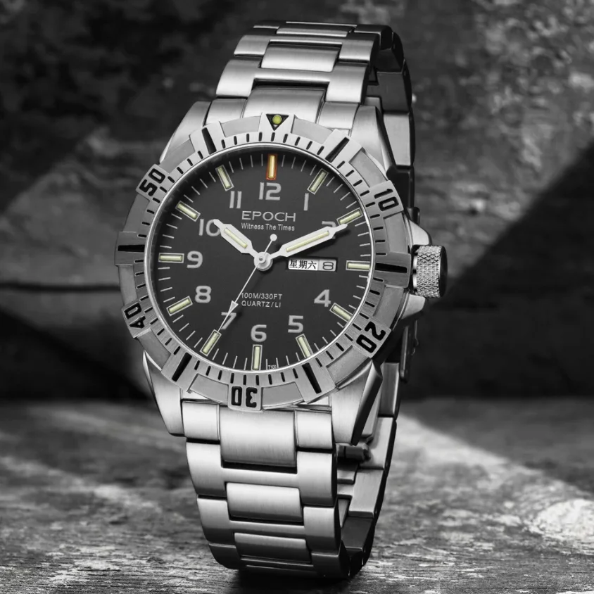 Reloj piloto EPOCH para hombre, reloj de pulsera de cuarzo militar de 43MM, tubos luminosos, resistente al agua hasta 10ATM, zafiro, fecha semanal, duración de la batería de 12 años
