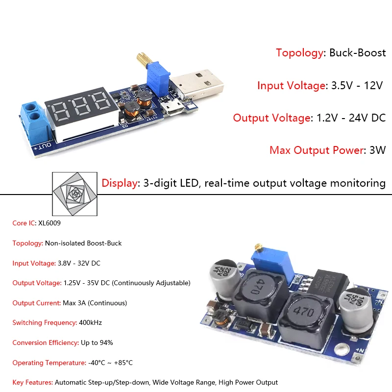 XL6009 Boost Buck Converter, Automatic Step Up Down, 3.8-32V to 1.25-35V 3A, DC-DC Voltage Regulator, Individual Sale