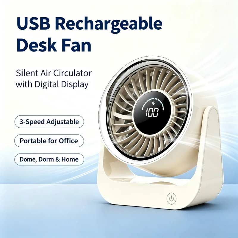 usb充電式静音卓上扇風機-ポータブル空気循環器-デジタルディスプレイ-3段階速度調整-家庭、寮、オフィス用