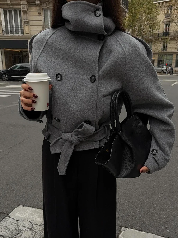 

HH Woman Winter Fashion High Collar Long Sleeves Double Breasted Belt Short Coat Jacket Female Casual Versatile Commuting Jacket