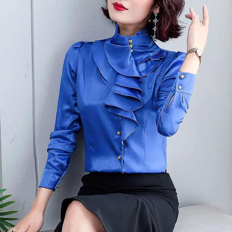 Camisa de manga larga con cuello levantado para mujer, Top informal con volantes, combina con todo, primavera y otoño, 2023