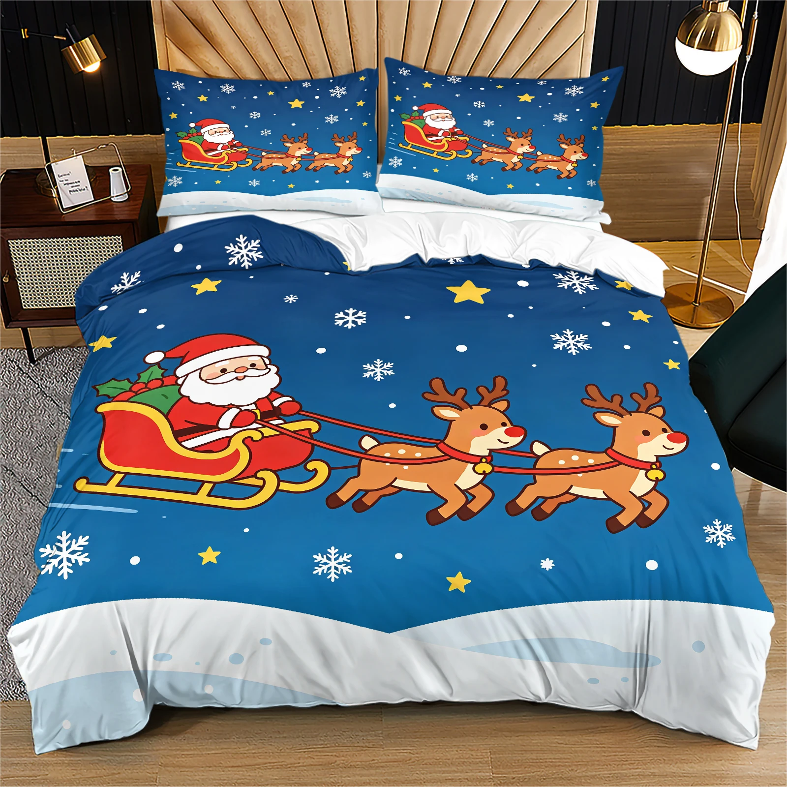 Cartoon Santa Claus Reindeer Sleigh Duvet Cover Set Cute Reindeer Snowflake Star Winter Print Soft Lightweight Bedding
