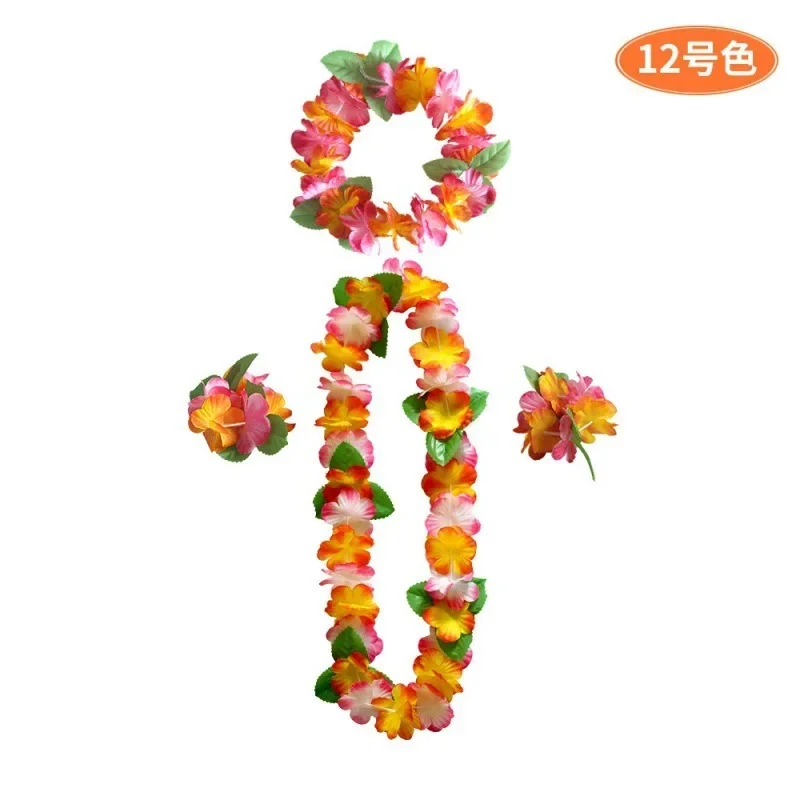 Hawaiian Colorful Wreath Necklace 4 Piece Set Petal Head Ring Bracelet Performance Props Happy Tropical Hawaii Party Decor