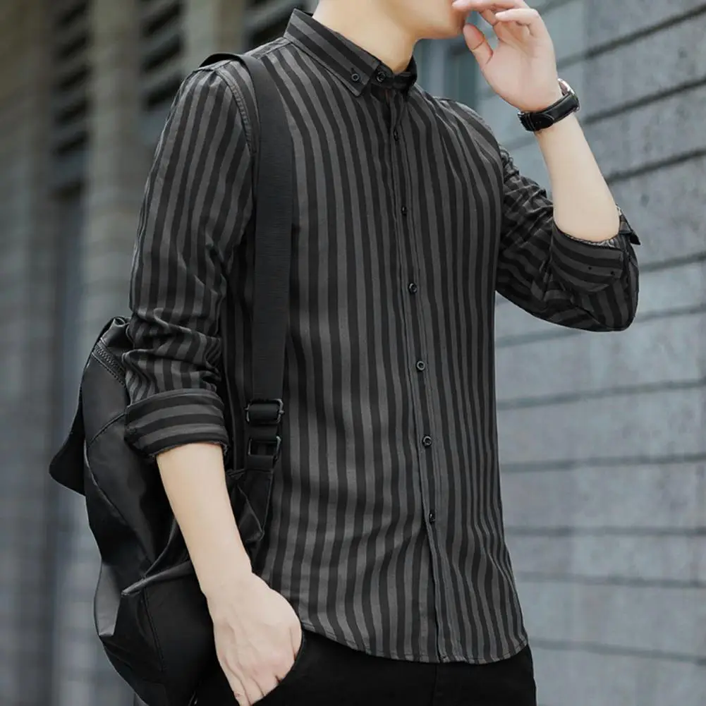 Men Shirt Formal Single-breasted Stripe Turn-down Collar Business Shirt Work Turndown Collar Business Shirt Thin Business Shirts