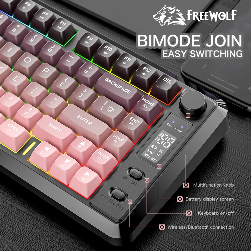 무선 스크린 키보드 FREEWOLF M75, 금속 손잡이, RGB, PC, 노트북, 작업에 적합한 Bluetooth 듀얼 모드 다기능