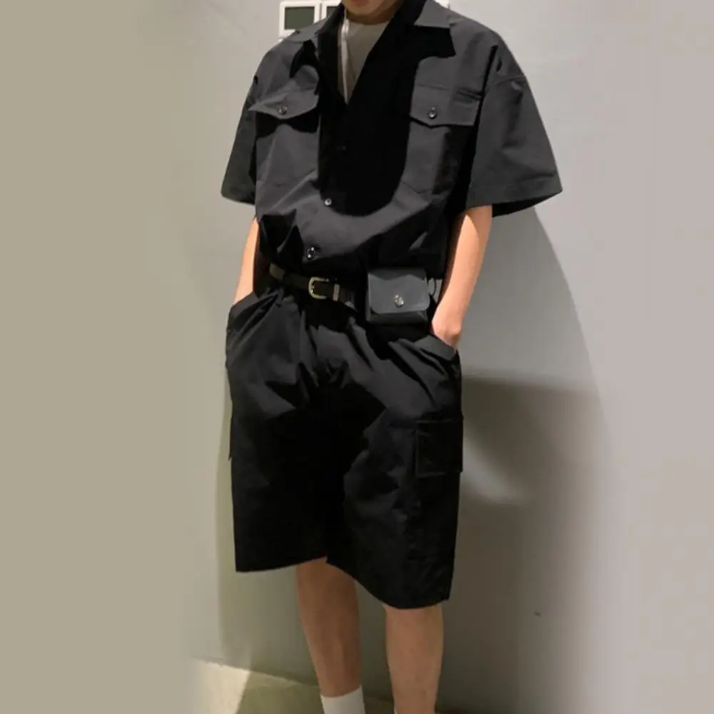 Male Fashion with Leather Belt Bag Men Cargo Overalls Streetwear Korean Rompers Pockets Short Sleeve Button Jumpsuits Women Men