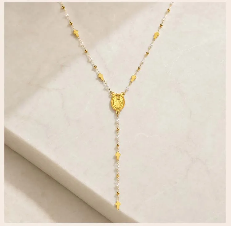 Jungfrau Maria Rosenkranz Y-Halskette, 18K IP Vergoldeter Edelstahl, Simulierte Perle, Hypoallergener Glaubensschmuck – Detail 4