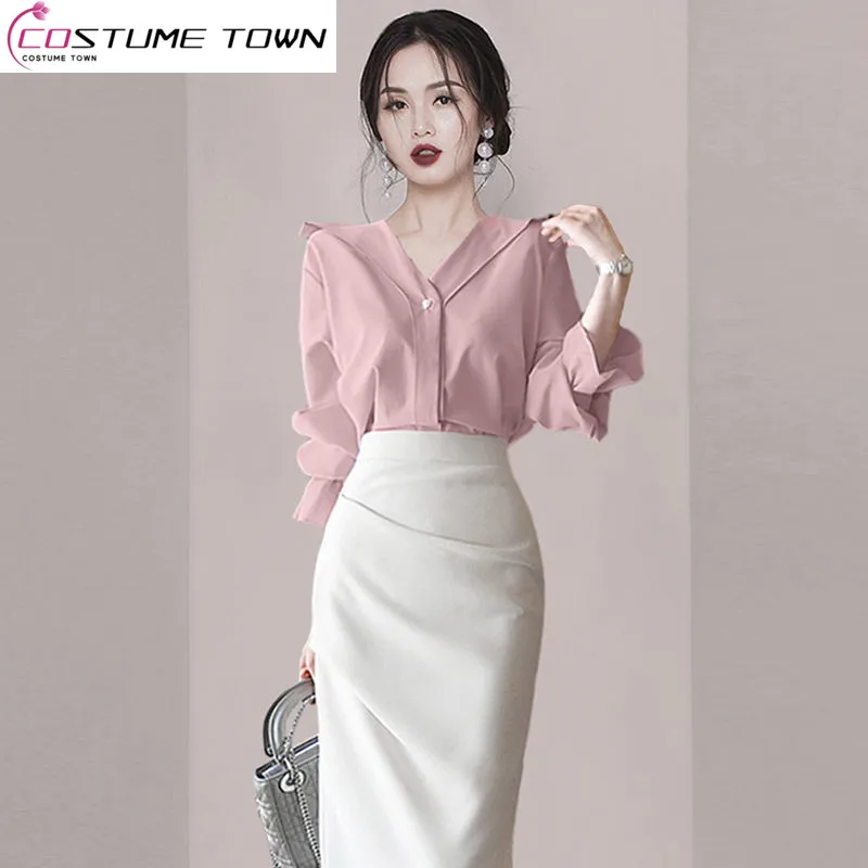 

Women's Gentle and Fashionable Pink V-Neck Ruffled Sleeve Shirt 2023 Spring/Summer New Women's High End Top+Skirt Two Piece Set