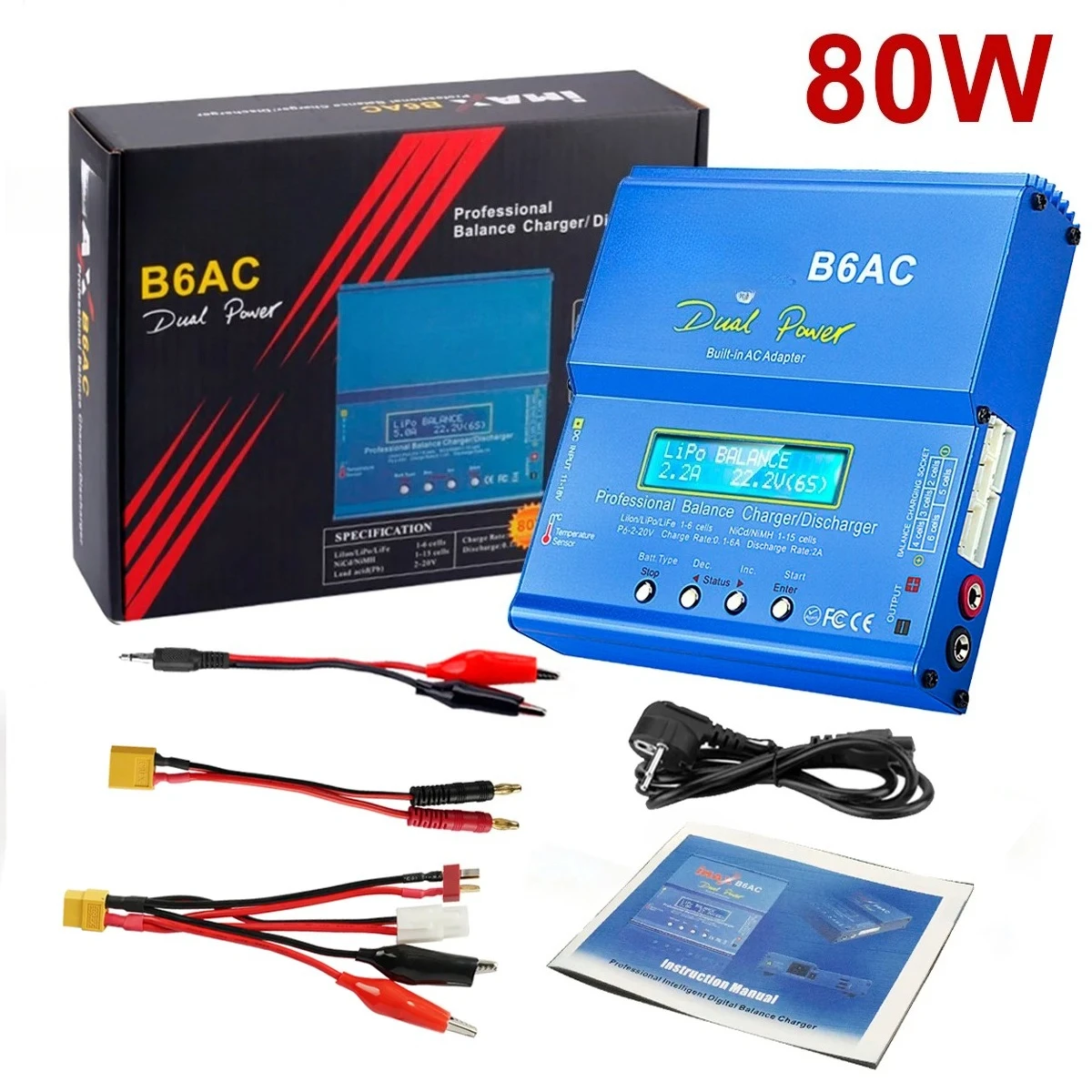 Chargeur RC B6 AC 80W B6AC 6A avec écran LCD numérique pour batteries Li-ion, LiFe, NiMH, NiCd, PB, Lipo et déchargeur