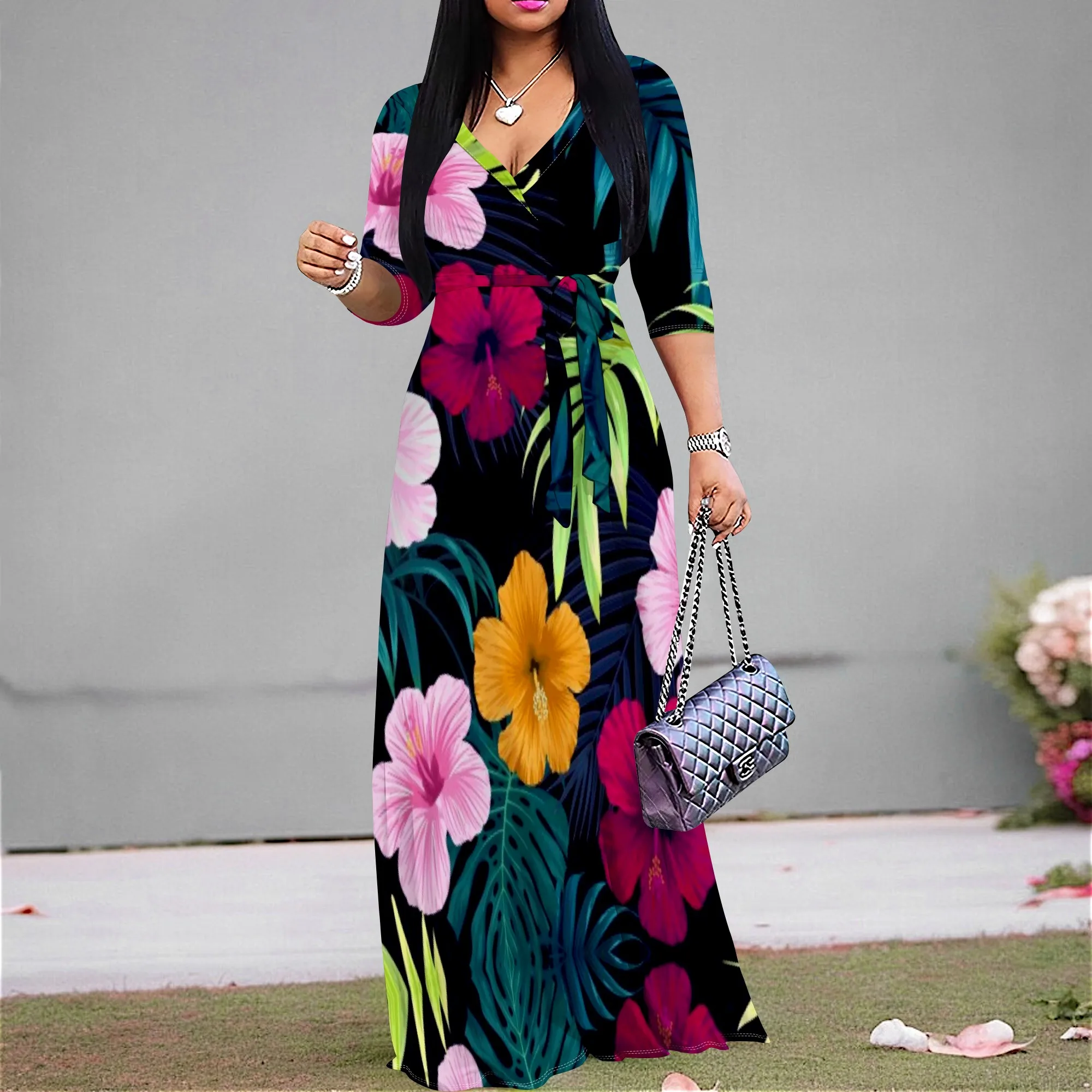 

Black Tropical Floral Maxi Dress S‑3XL V‑Neck Wrap Style with Tie Waist & 3/4 Sleeves for Summer Vacation, Luau or Beach Look