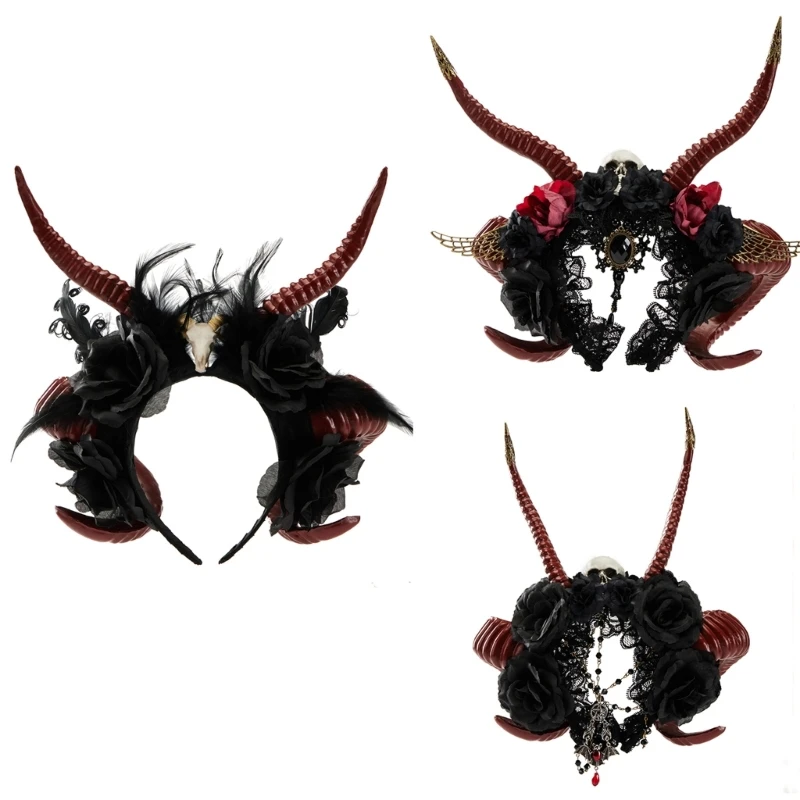 Witch Horn Dark Lace Headwear Party Sexy Headbands Devil Horn Animation Hair Hoop for Live Show Role Play