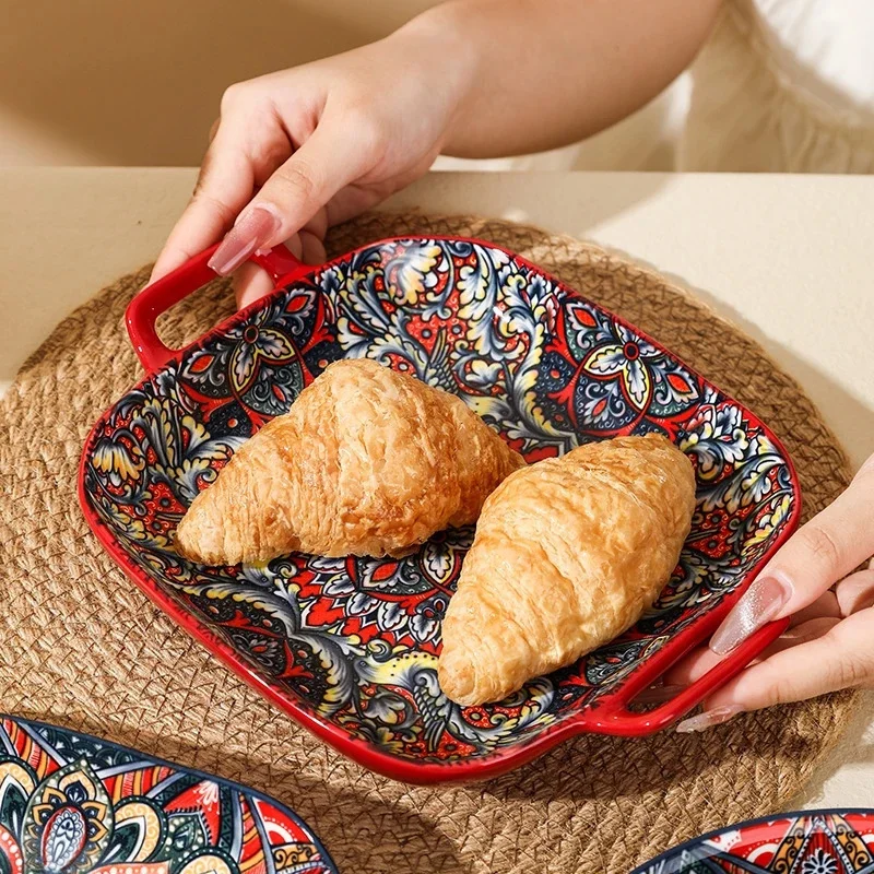 Bohemian Ceramic Rice Bowl Plate Set Vintage Single Tableware For Breakfast Dessert Home Table Rustic Boho Gift For Women