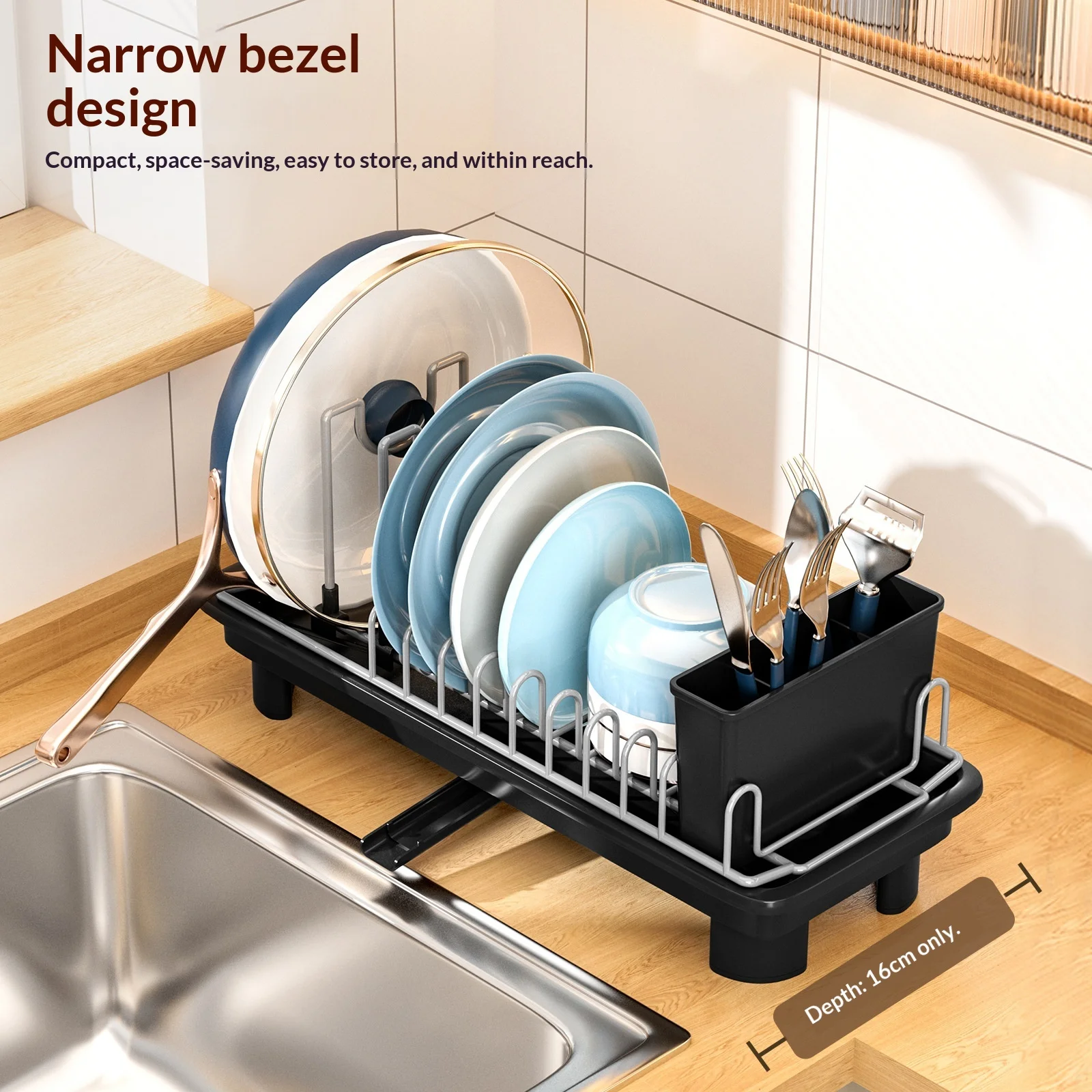 Kitchen Countertop Dish Rack Rustproof Dish Drying Rack Dish Drainer Organizer with Utensil Holder＆ Drain Board for Kitchen Sink