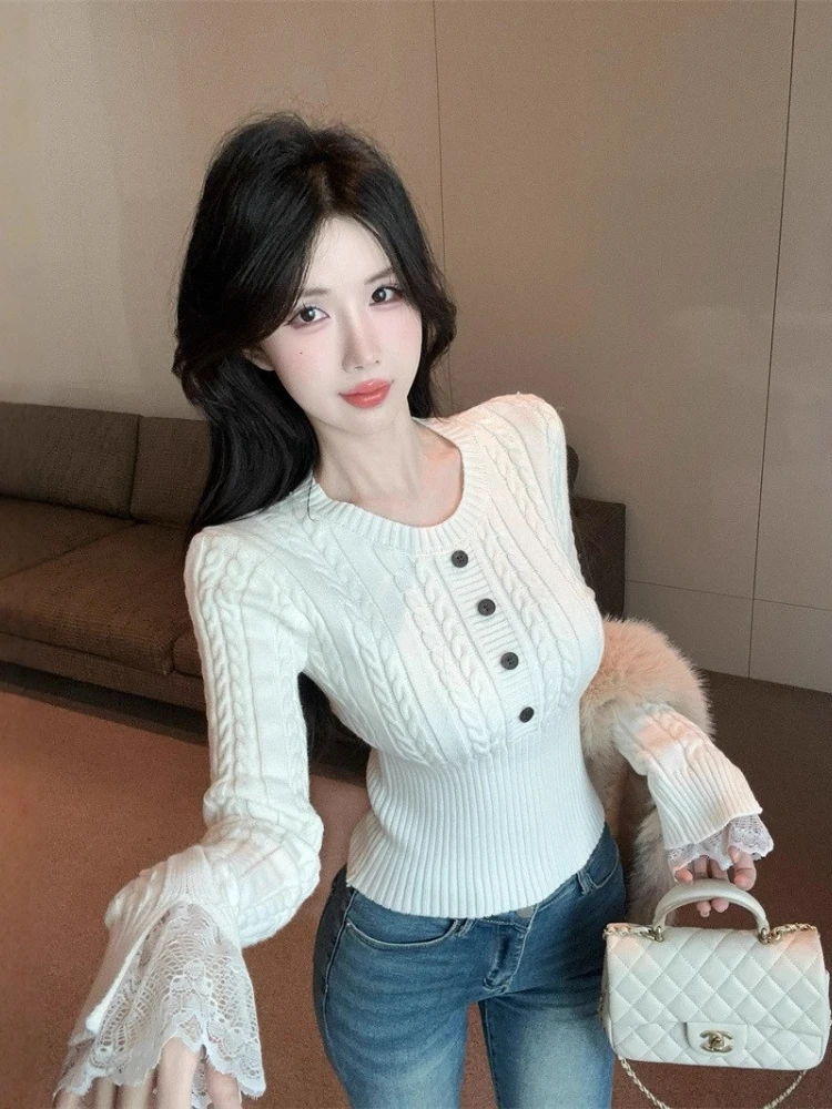 بلوفرات شتوية مثيرة موديل 2025 برقبة 0 متماسكة وبلوفرات مقصوصة للنساء بخصر مضلع وبلوزات ضيقة للخريف بطبقات