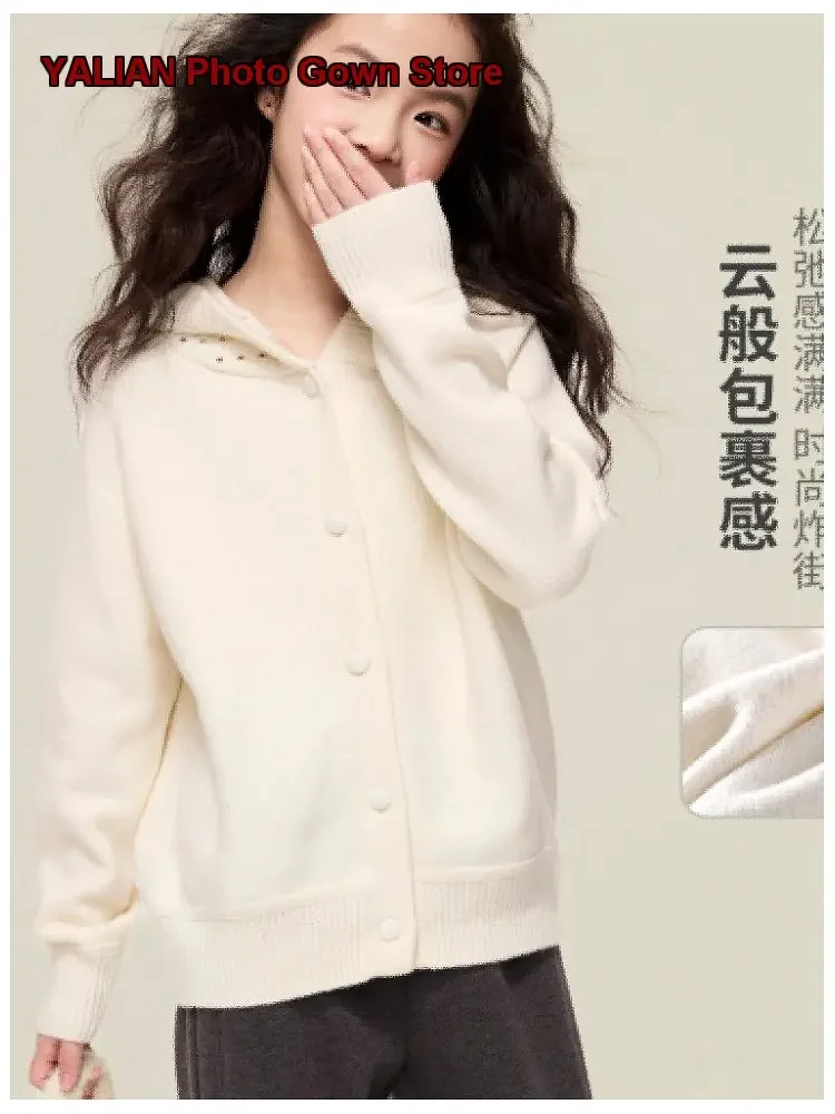Girls Knit Cardigan Kids Autumn Round Neck Knit Top Solid Color Older Kids