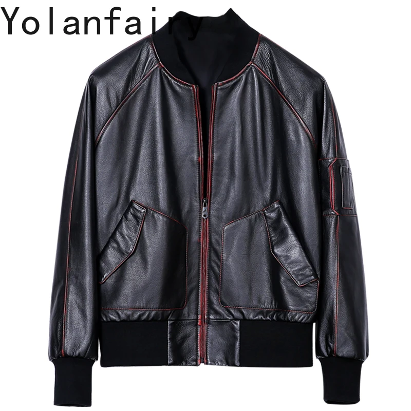 YOLANFAIRY New Top Layer Cowhide Mens Leather Jacket Drop Shoulder Baseball Coat Casual Genuine Cow Leather Jackets Man Vintage