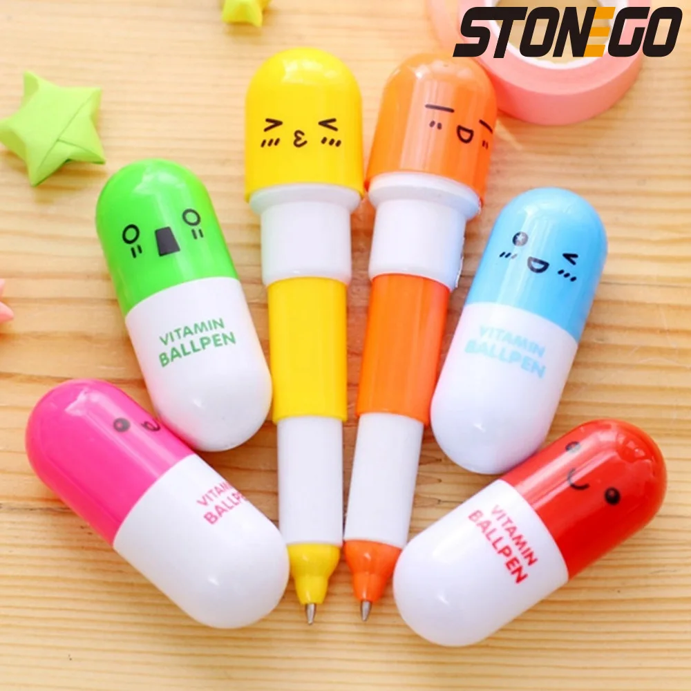 STONEGO Cute Smiling Face Pill Ball Point Pen Pencils Telescopic Capsule Ballpen