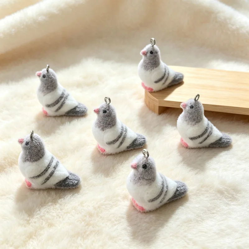 6Pcs Flocked Resin Simulation Cute Pigeon Pendants Fluffy Animal Charms DIY Jewelry Accessories for Earrings Necklace Keychain image 3