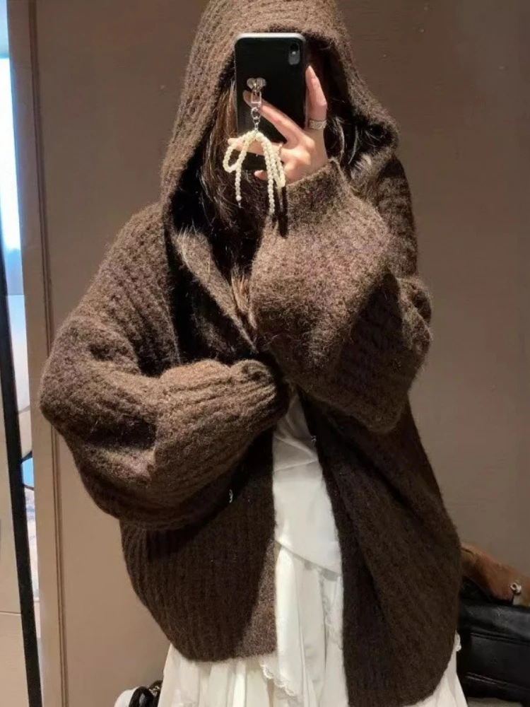 

Vintage Solid Knitted Hooded Cardigan Y2K Aesthetic Casual Grunge Pull Femme Coats Harajuku Oversized Women Autumn Sweaters