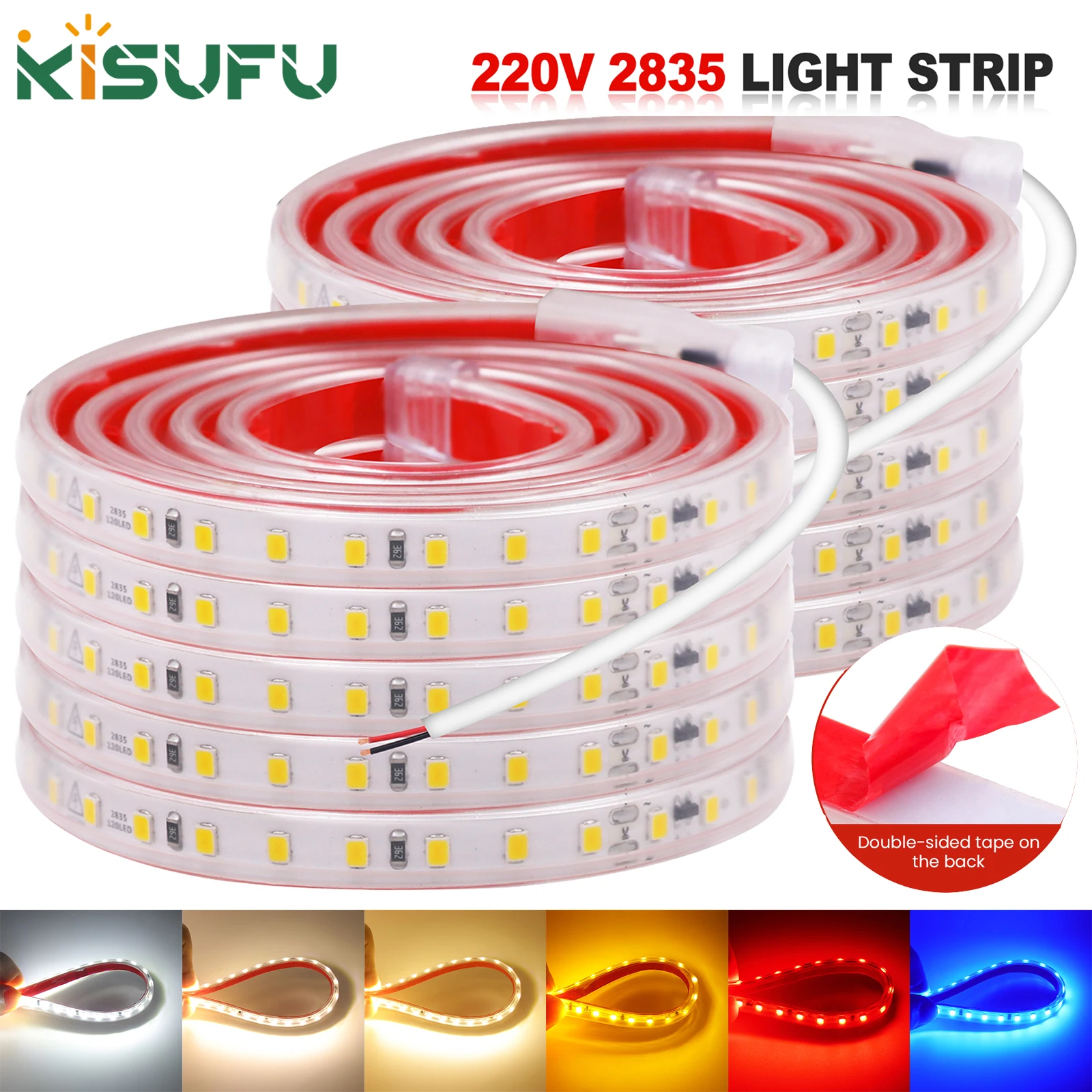 

220V 2835 LED Strip Light White/Blue/Red/Yellow/Pink Waterproof 120LEDs/m High Brightness Lighting Flexible Led Tape Diode Lamp