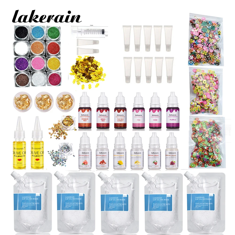 

Lakerain Full Lip Gloss DIY Kit Moisturizing Lip Gloss Base Gel Clear Kids Glossy Nude Glitter Kit with Lipgloss Tubes Tools