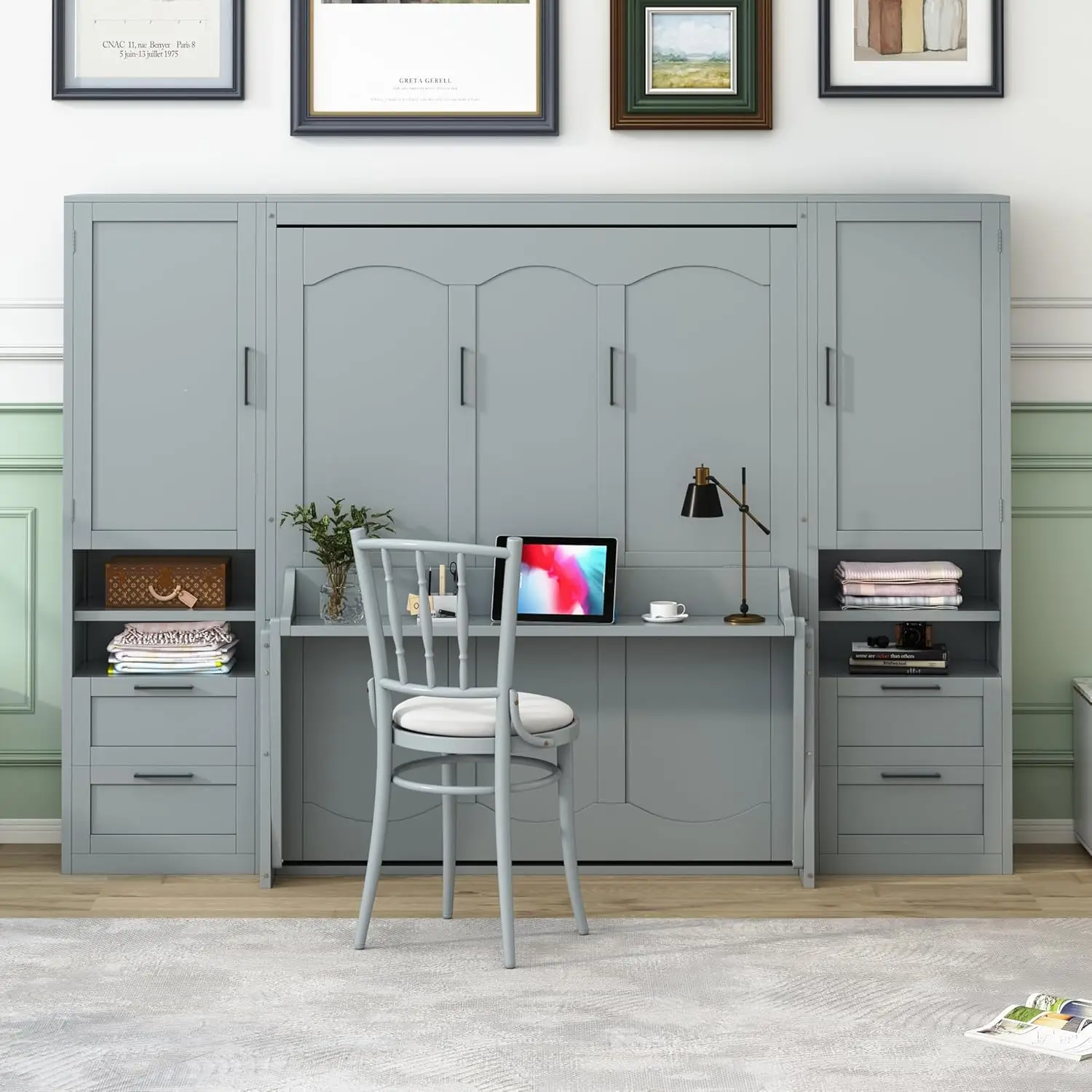 Murphy Bed Wall Bed With Closet, Drawers And Shelves, Versatile Wall Bed, Foldable Murphy Bed, Queen Size, Gray