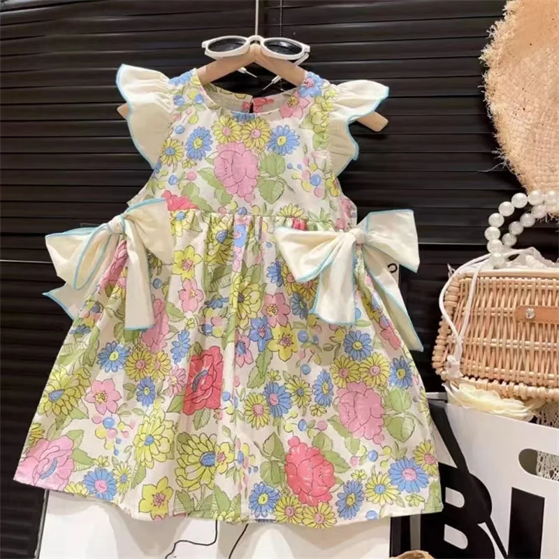 

Girls Casual Dresses Flower Printing Bowknot Ruffled Sleeveless Dress Summer Party Dress for Kids Girl Girls Clothes New 2024