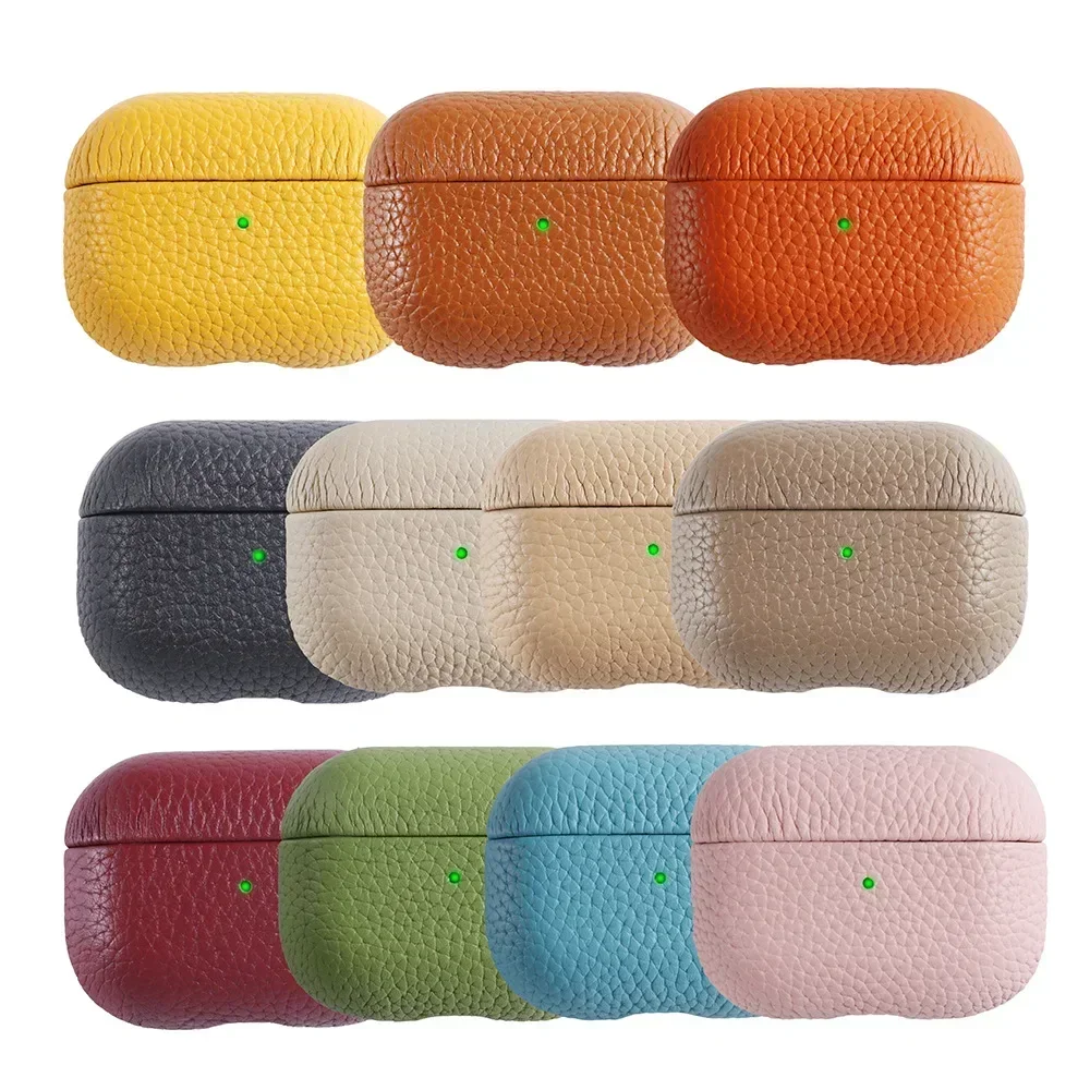 For Airpods Pro 2 Case Leather For Airpods 3 / 2 / Pro Case Genuine Leather Cases Apple AirPods Case Lychee Pattern Cowhide