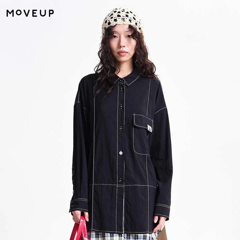 MOVEUP Long-Sleeve Shirt 2026 Spring New Bright Line Woven Label Patchwork Check Drop Sleeves Mid-Length Women Shirt 3ELC20418