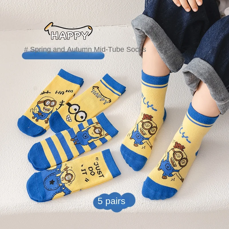 5 Pairs Minions Cotton Kids Anti-Slip Boat Socks Floor Anime Cartoon Comfort Warm Casual Baby Boys Girls Socks for 1-12Years