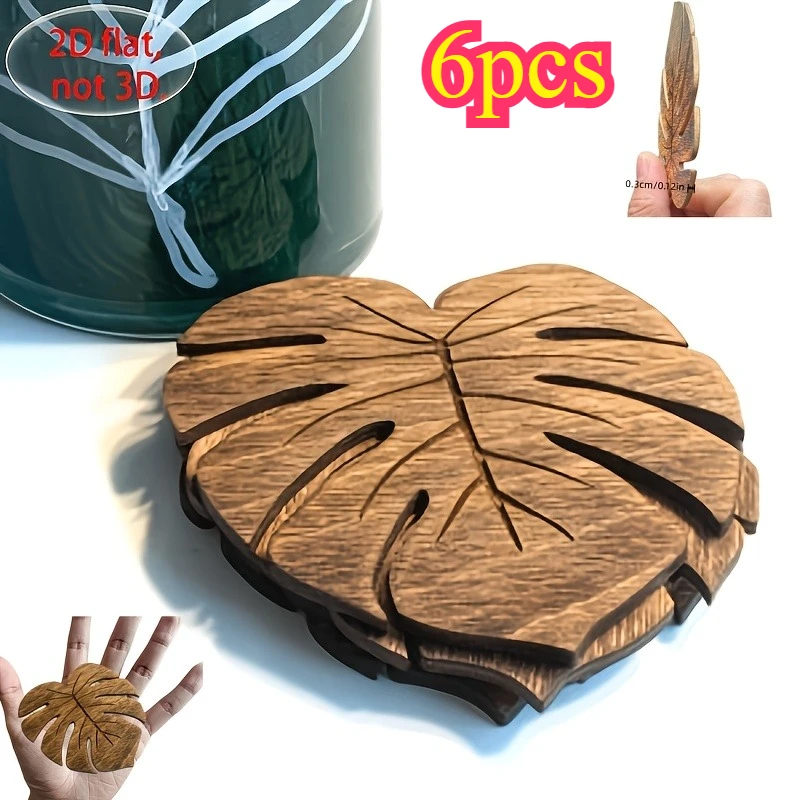 2D Printed 6PCS Monstera Natural Wood Coaster Set, Heat Resistant Table Mat, Non-Slip Drink Coaster, Christmas Thanksgiving Gift