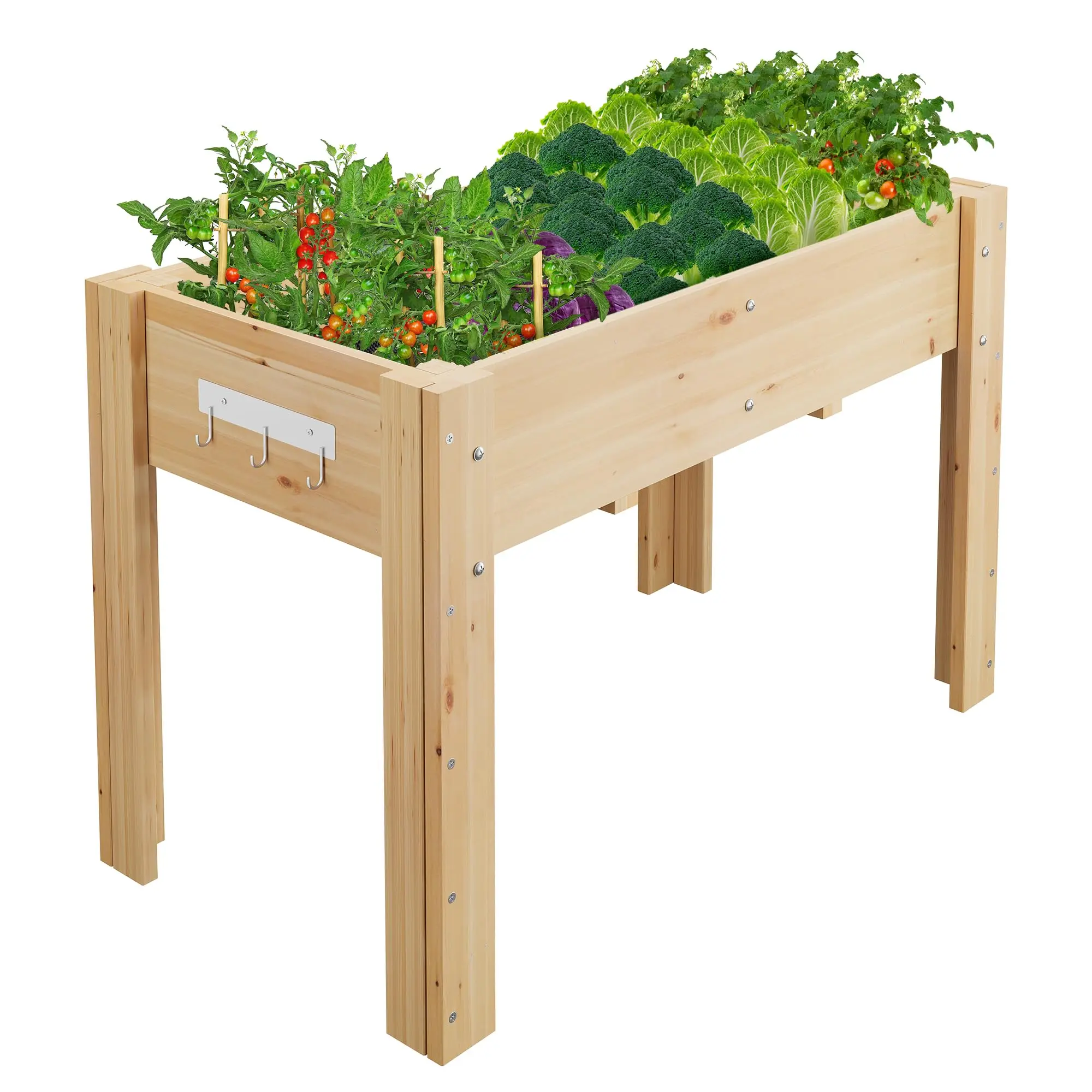 

Durable Elevated Wooden Garden Bed with Legs & Hooks, Planter Box with Liner & Drainage Holes for Vegetables, Flowers & Herbs