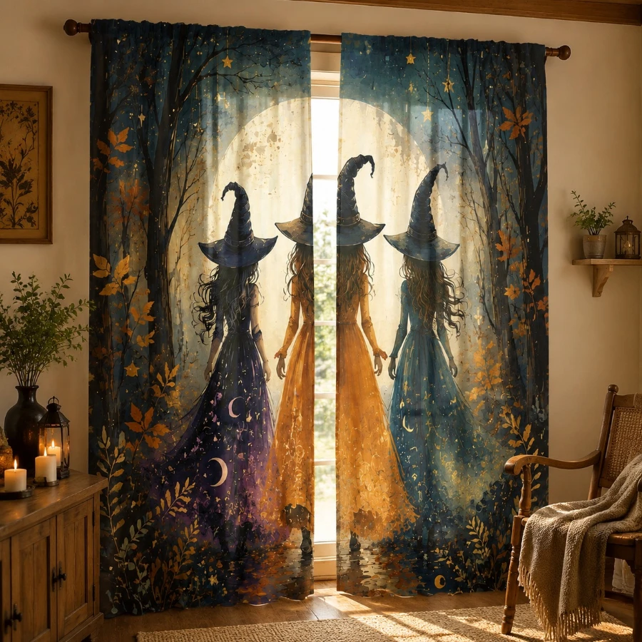 2PCS Digital Printed Curtains, Three Witches Back View Moonlit Forest, Watercolor Magical Witchy Halloween Window Decor Room