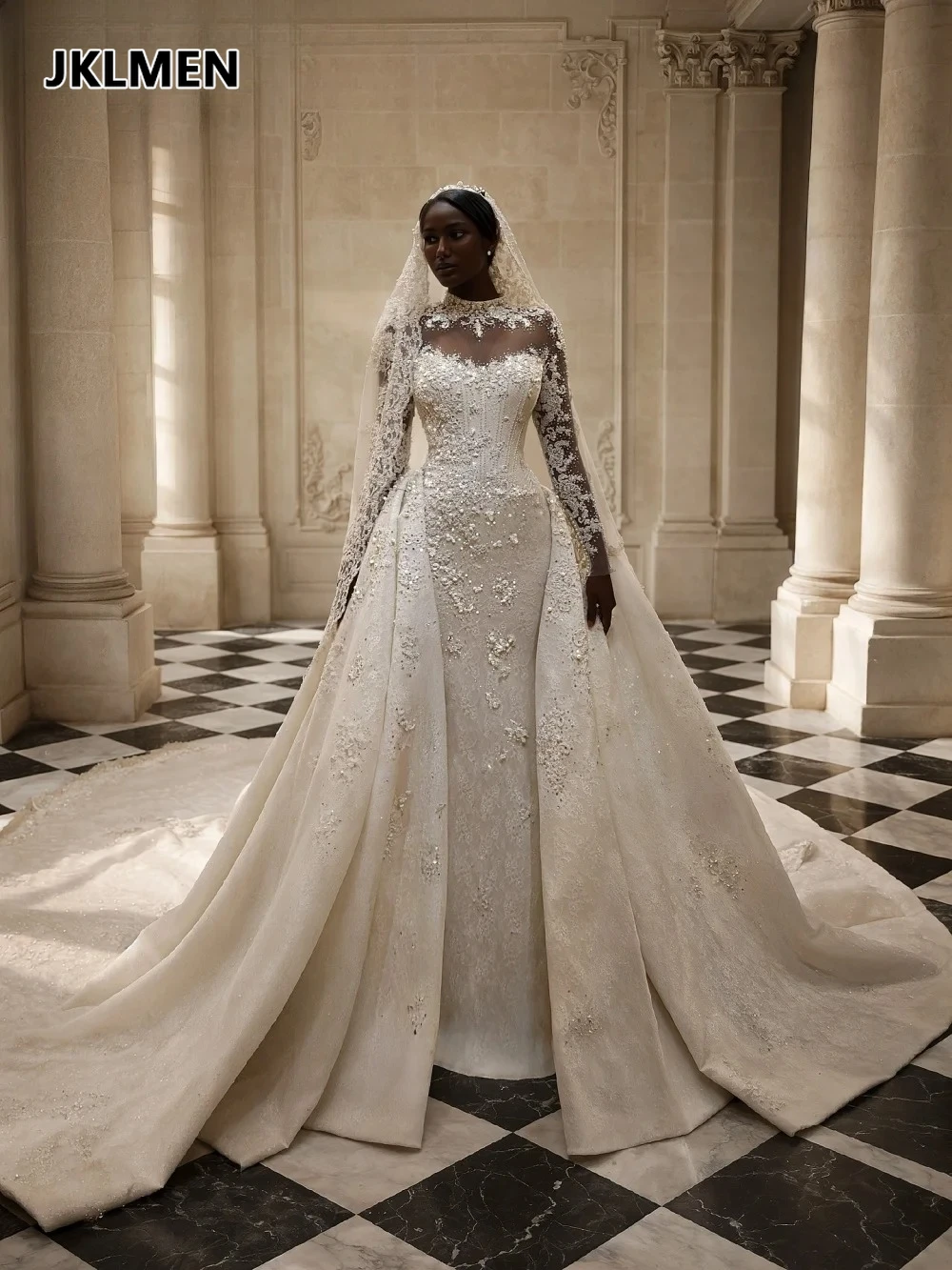 Embroidery Detachable Train Wedding Dress Luxury Beaded Lace Bridal Gown Customized Modest Long Dresses for Bride