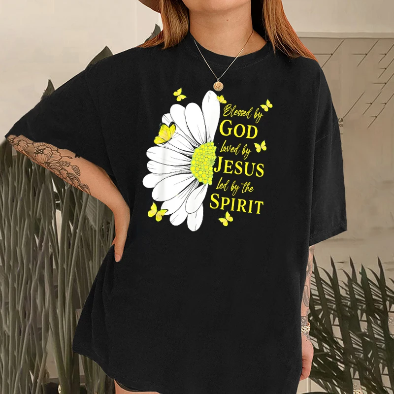 

Plus Size Women Top 2024 Blessed By God Loved By Jesus Sunflower Women T shirt Large Femme Oversize T Shirt Short Sleeve Tee