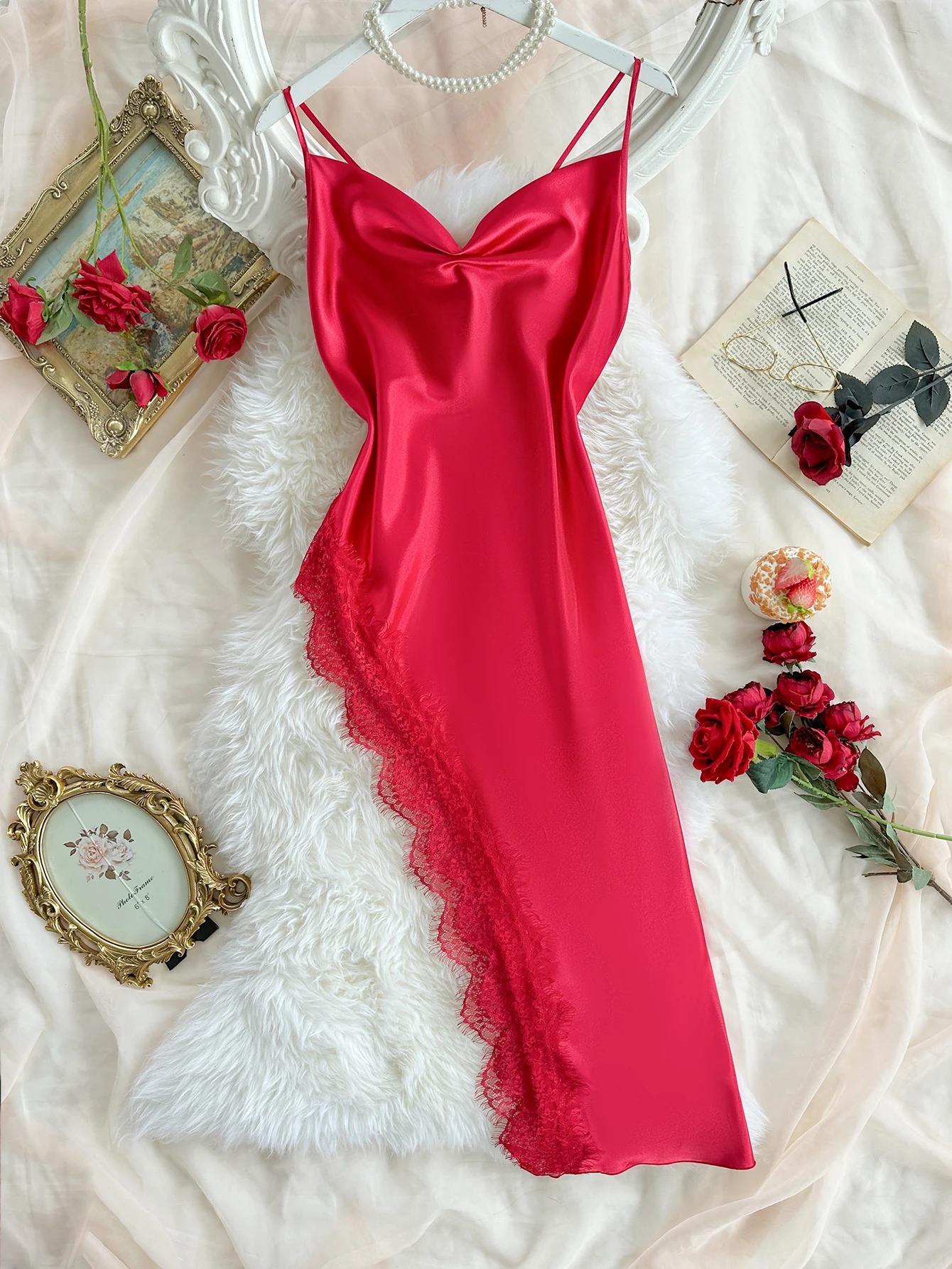 Pigiama sexy patchwork in pizzo, comoda e casual, camicia da notte da donna lunga e comoda