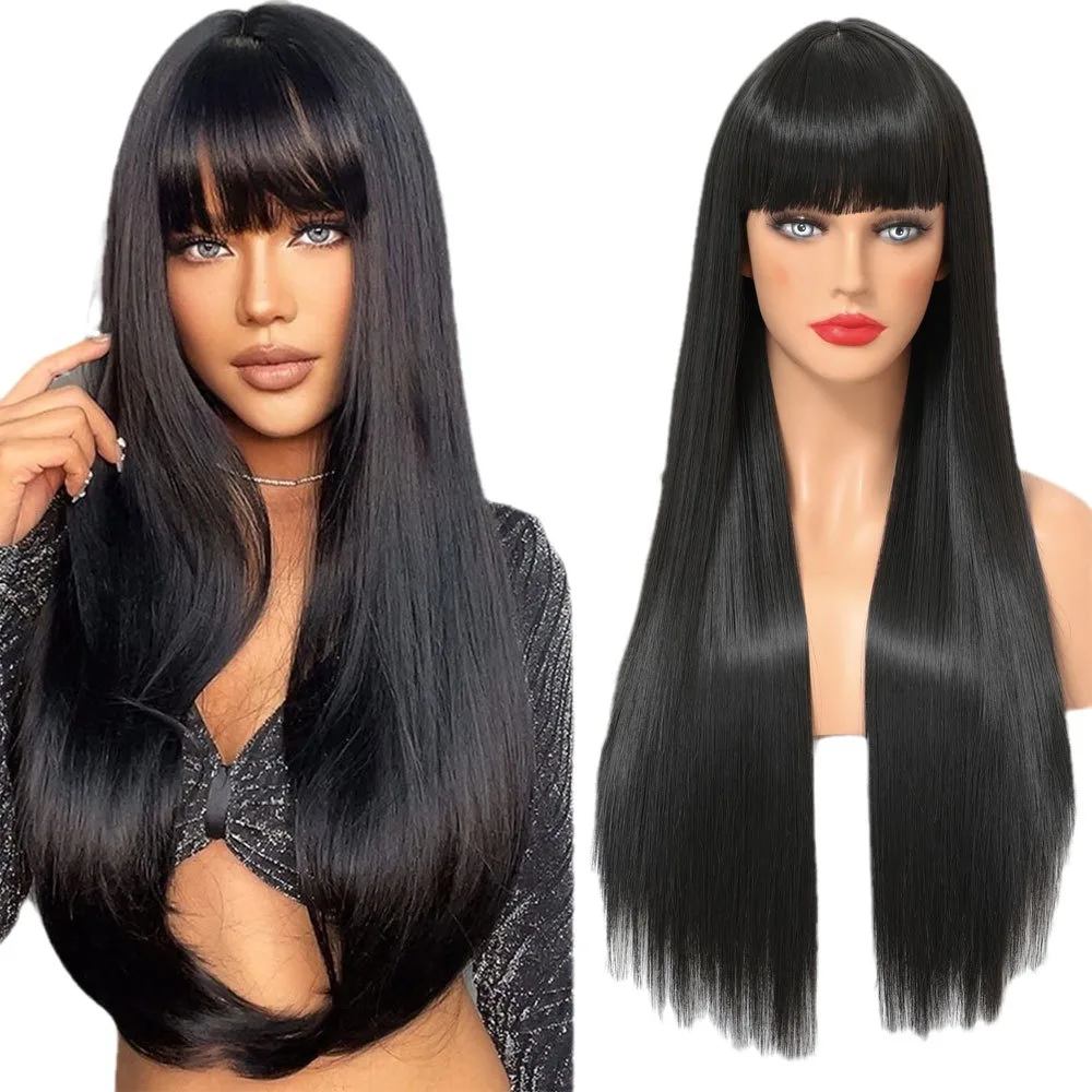 

Best-selling black straight hair synthetic wig for Halloween cosplay, suitable for daily wear with high-temperature hair cap.