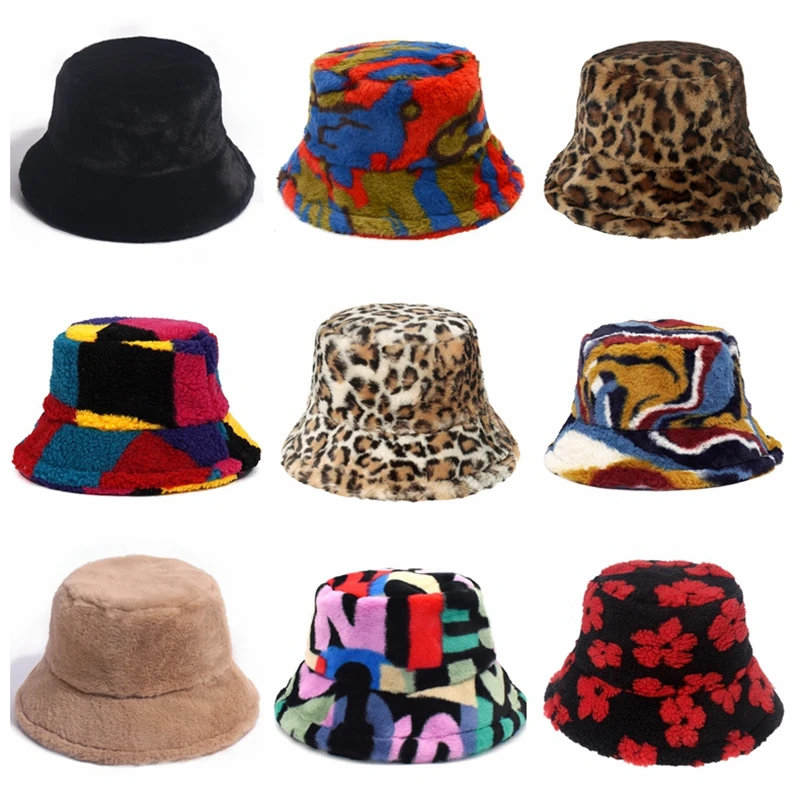 Winter Bucket Hat Women\'s Fashion Leopard Panama Warm Hats Female Vintage Faux Fur Fisherman Cap Hats For Women Dropshipping