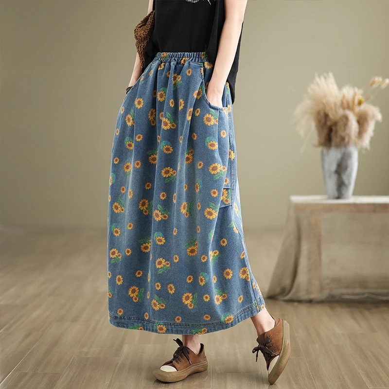 Losse denim rok met artistieke print, dames lente herfst plus maat afslankende knielange a-lijn katoenen lange rok