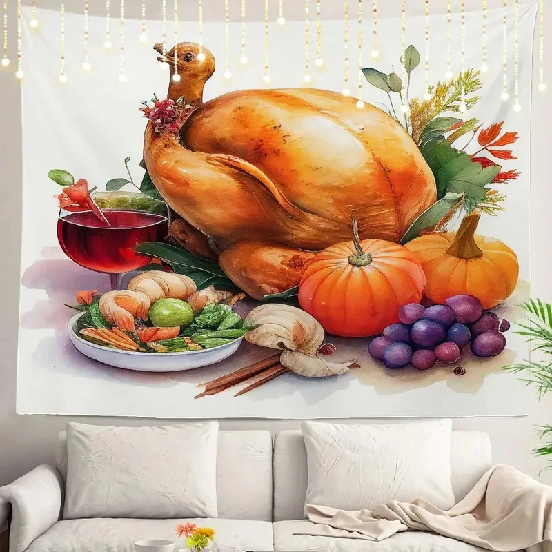 VIKAMA Watercolor Thanksgiving Tapestry Roast Turkey Pumpkin Grape Fruit Autumn Harvest Holiday Wall Hanging Aesthetic Wall Deco