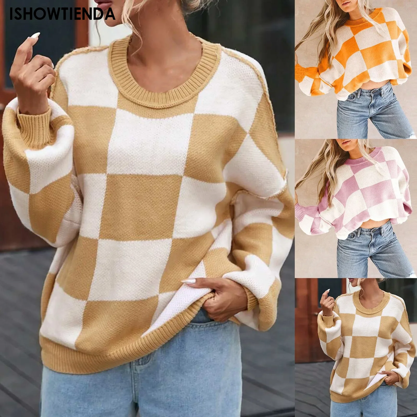 Women Checkerboard Knitted Sweater Autumn Korean Casual Warm Loose Long Sleeve Top Female Streetwear All Watch Jumper New