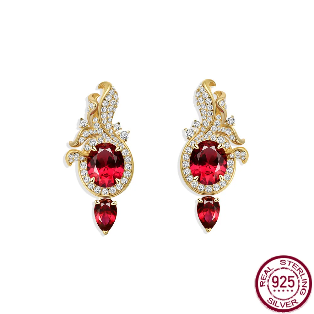 

New S925 pure silver inlaid 2 carats 6 * 8 red gemstone classical gorgeous light luxury niche earrings wedding jewelry