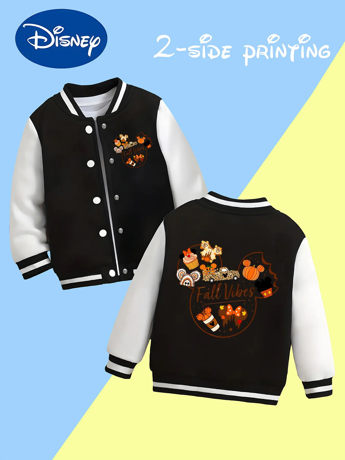 

MINISO Disney Fall Themed Boys' Baseball Jacket - Mickey Head "Fall Vibes" Print, Casual, Versatile, Soft,Trendy and Fashionable