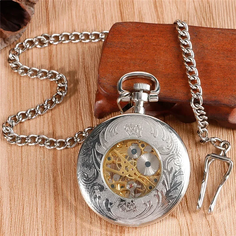 Silver Antique Men Women Skeleton Handwinding Mechanical Pocket Watch Roman Number Dial Fob Chain Relogio De Bolso