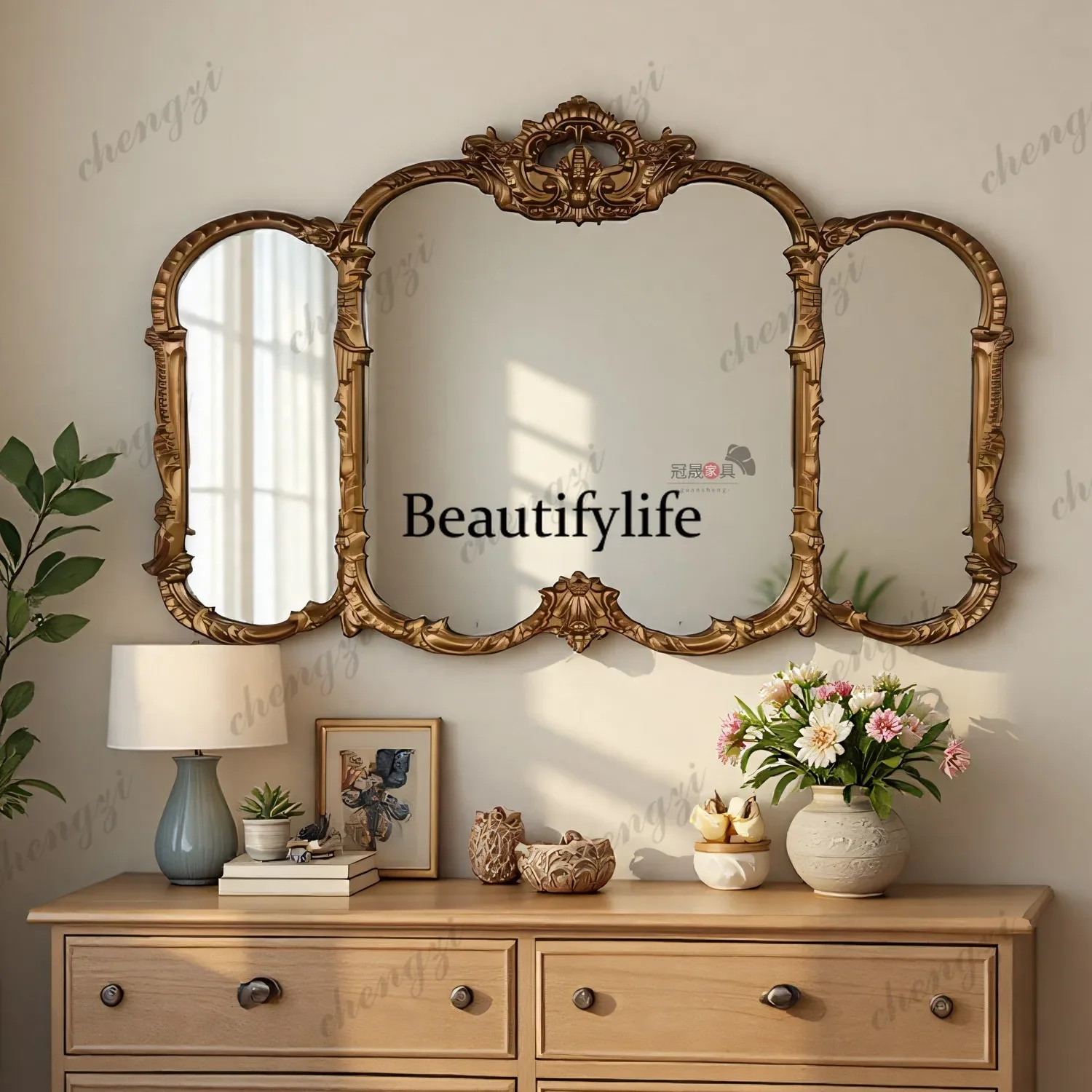 A4567 French retro makeup mirror, bathroom wall-mounted dressing mirror, carved porch background wall, three-sided decorative mi