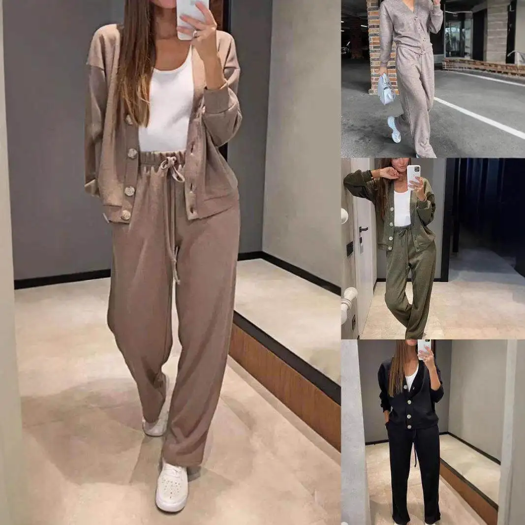 

Fall Winter New Style Casual Sportswear Set Open Cardigan Top Women's Independent Station Hot Sale Elegant Pure Color PU Leat...