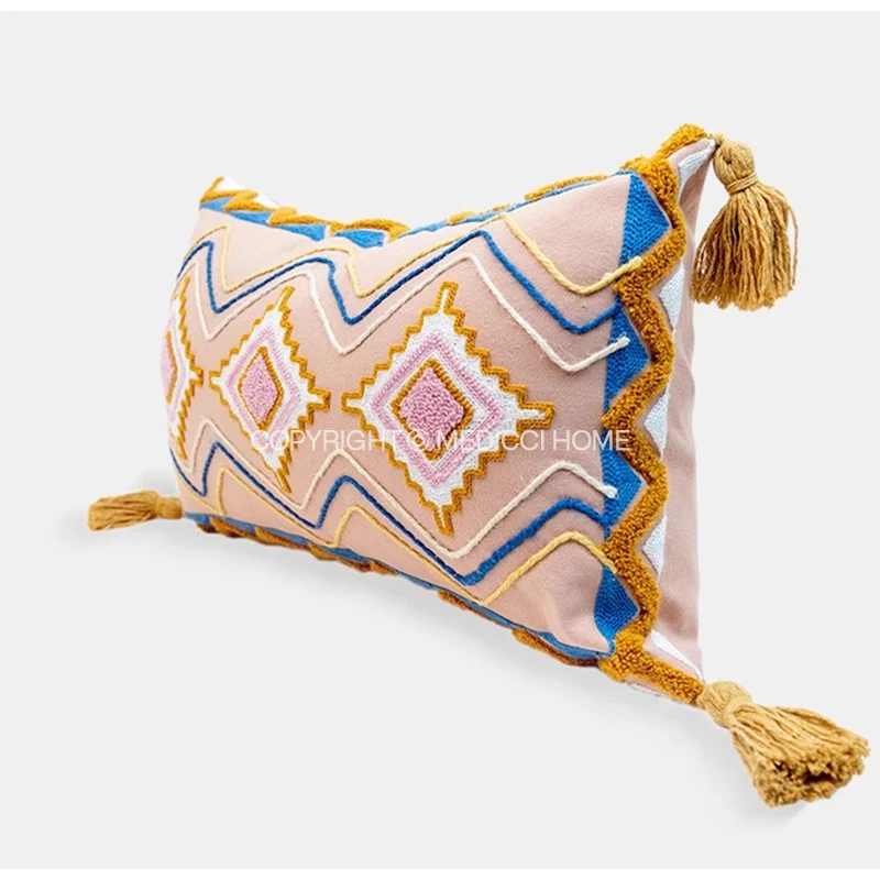 Medicci Home Inca Ancient Totem Embroidery Cushion Case Bohemian Style Living Room Bedroom Decor Lumbar Pillow Cover With Tassel